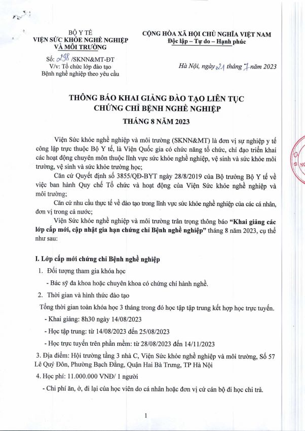 Thông báo khai giảng các lớp đào tạo liên tục chứng chỉ bệnh nghề nghiệp tháng 8 năm 2023